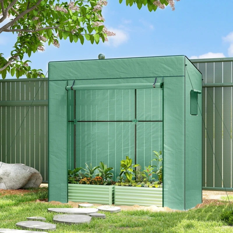 Green Tomato Gewächshaus 196x77x197 cm, mit Rolltür, Netzfenster und schrägem Dach.