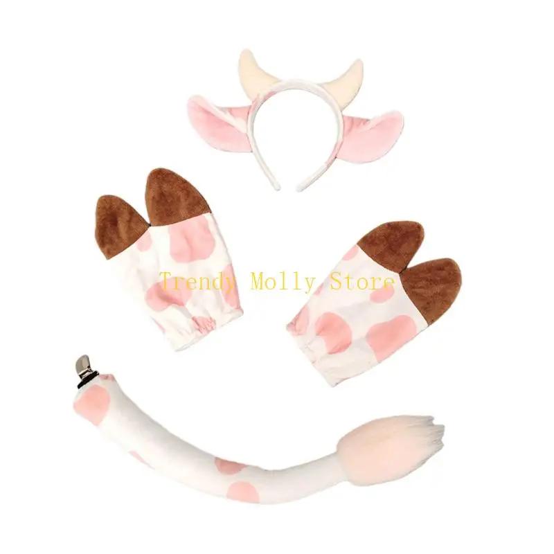 

N5KB Cow Ears Headband Gloves Tail Animal Cosplay Costume Cow Costumes for Halloween