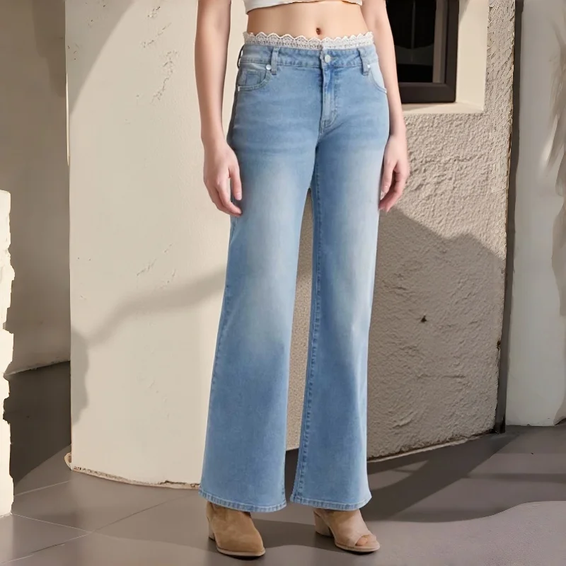 

Women's Mid Waist Lace Jeans Strety Straight Leg Denim Pants Casual Daily Wear Fashion Street Styl New Trousers