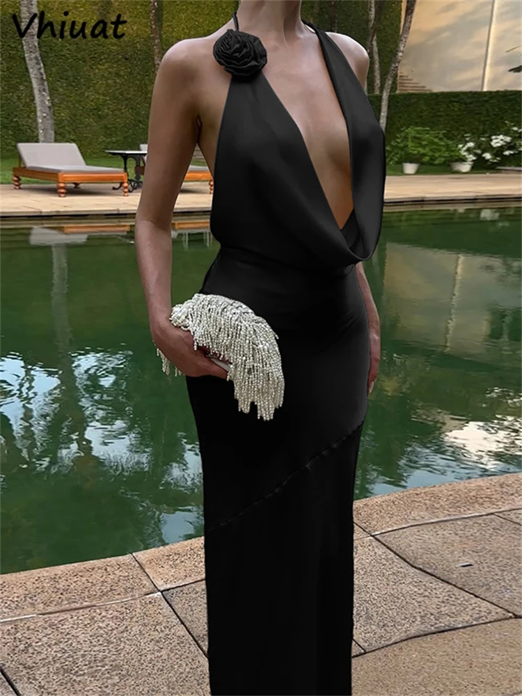 Vhiuat 솔리드 새틴 오프 숄더 백리스 롱 드레스 이브닝 파티 클럽 여성 여름 Sleeveles Flower Halter Maxi Sundress 2025