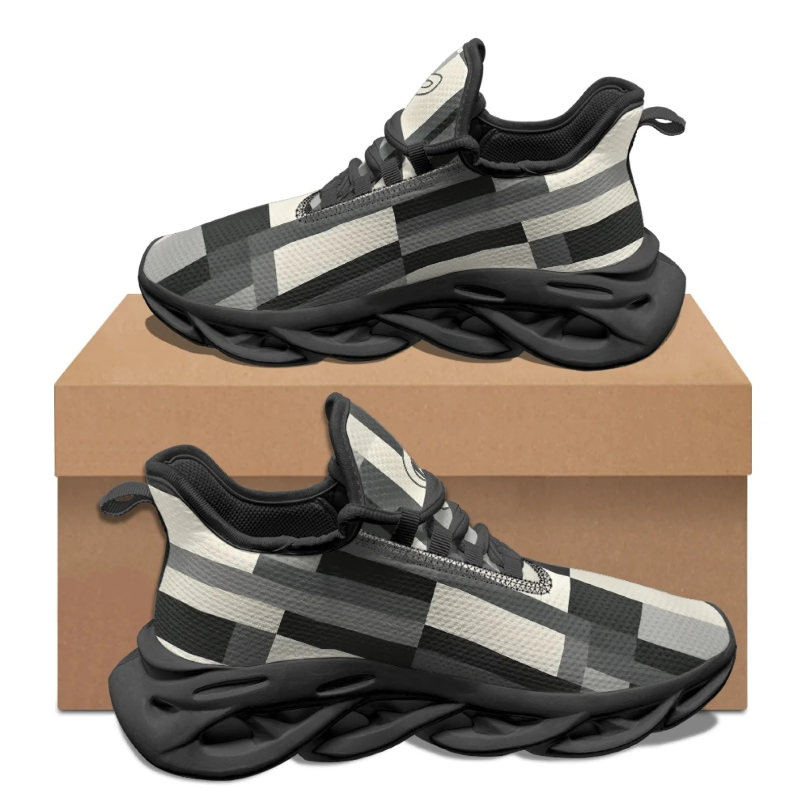PENSTROLL Grey Checkered Plaid Breathable Fashion Sneakers Outdoor Sneakers for Walking Non Slip Men's Running Shoes