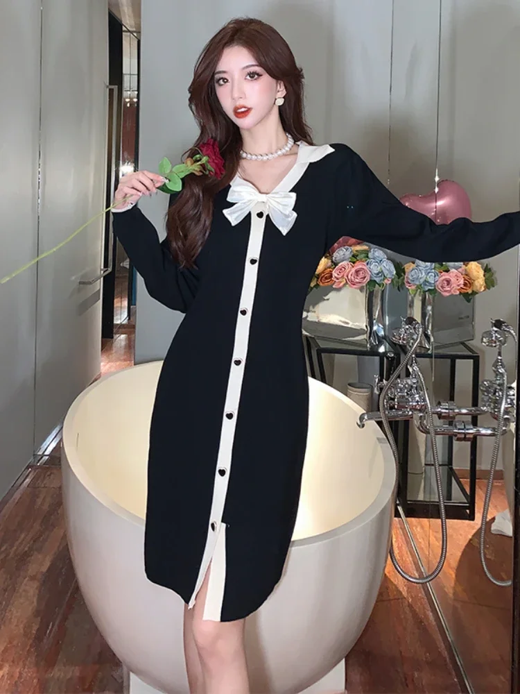 

Women Knitted Dress Single Breasted Split Dress Ladies Casual French Slim Solid Knee-length Bowknot Long Sleeves Bottom Dress