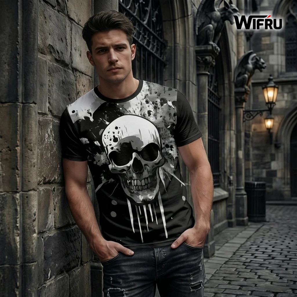 

Dark Skull Splatter Print T-shirt Vintage Gothic Style Trendy Hip Hop Streetwear WIFRU Fashion Unique Unisex Short Sleeve Tops