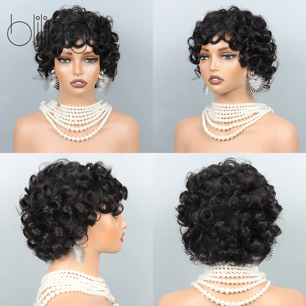 Perruque courte coupe lutin pour femmes noires, perruques Afro courtes bouclées, perruques noires naturelles pour femmes noires, perruque synthétique courte bouclée