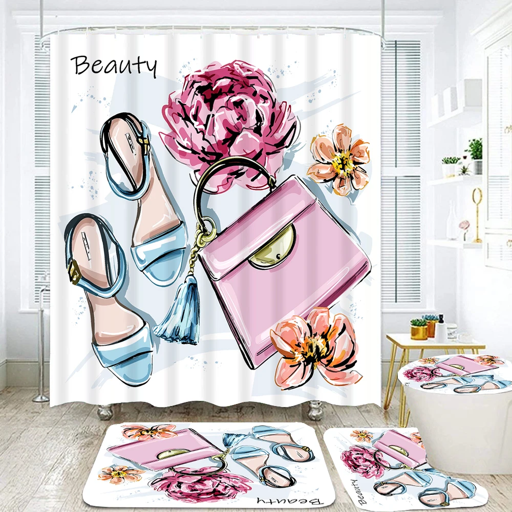 Waterproof Shower Curtain Set with Hooks Fashionable Perfume Flowers Bath Rug and Mats Toilet Seat Cover Bathroom Decor