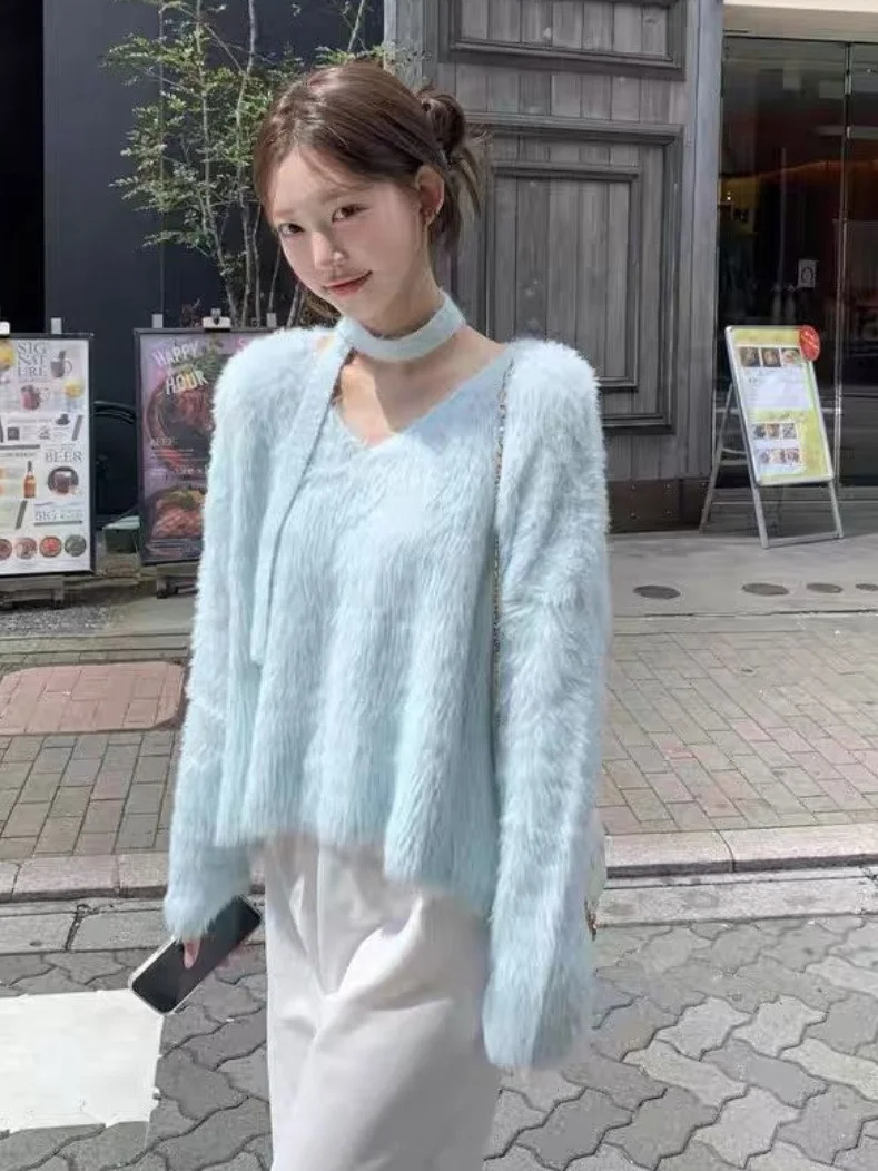 

Women's V-Ne Knitted Sweater Soft Camere Belted Overhead Top Autumn Winter Warm Sli Casual Korean Sle Streetwear