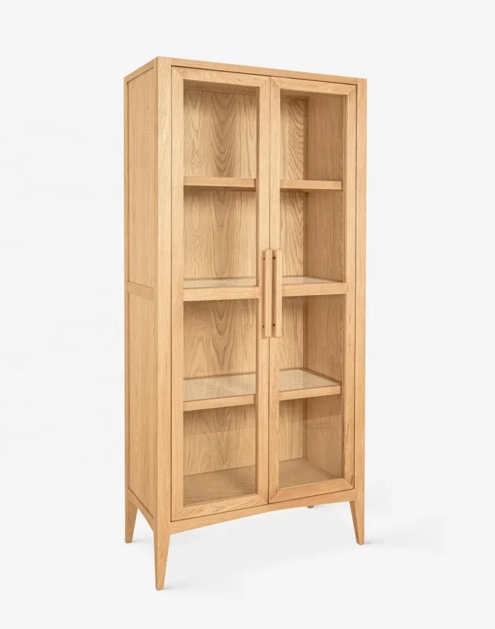 Luxury Restaurant Furniture Mid Century-style Solid Oak Double Glass Door Curio Cabinet
