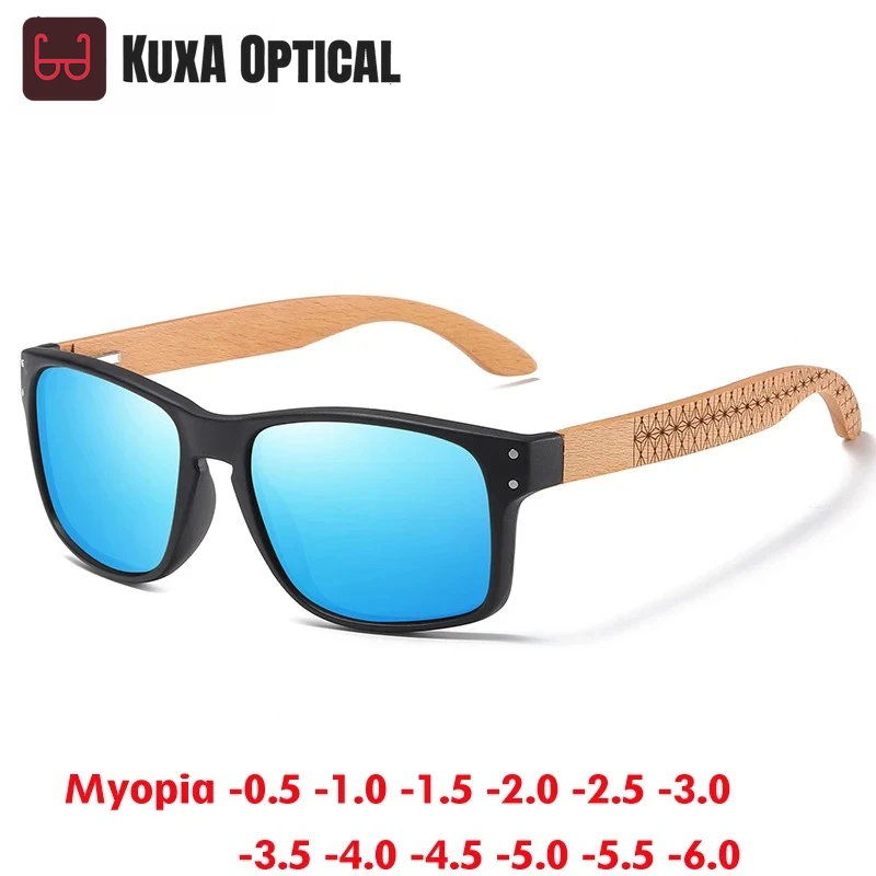 

KUXA солнцезащитные очки для близорукости с натуральными деревянными дужками, модные мужские и женские квадратные очки Óculos De Sol, очки по рецепту от -0,50 до -10