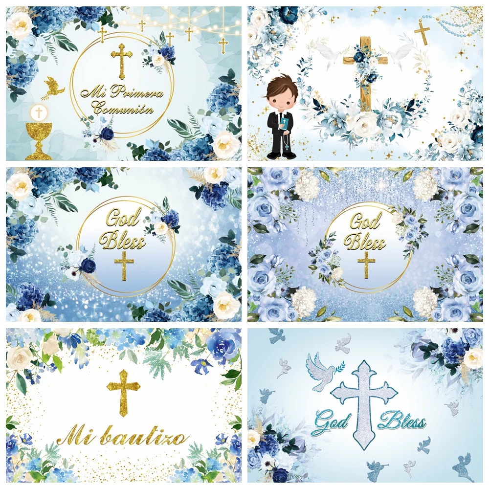 God Bless Background Boy Girl Baptism Blue Floral Pigeon Gold Cross First Communion Mi Bautizo Party Decor Photography Backdrops