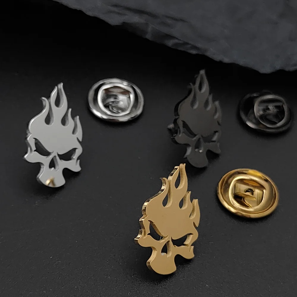 Classic Skull Fire Symbol Brooches for Men Punk Stainless Steel Danger Sign Badge Pin Brooch Hip Hop Rock Party Accessories