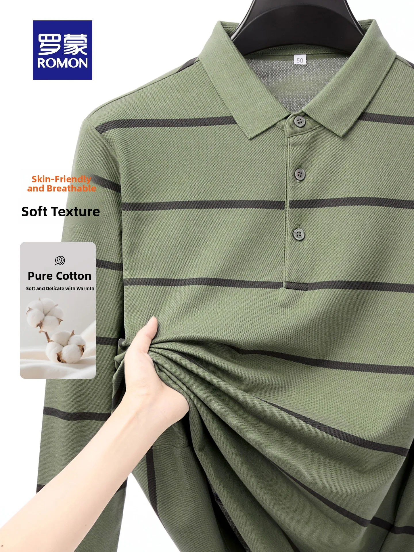 Pure Cotton Men's  Shirt Thin Casual Breathable Striped T-shirt Romon Dad Style Autumn Collection Button Knitted Long Sleeve