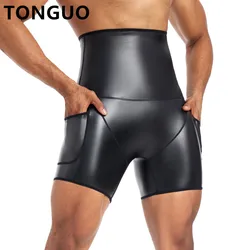 Men Black High Waist Slim Pocket Leather Pants Body Shapers Waist Trainer Control Panties Compression Fitness Shaper 3pts Shorts