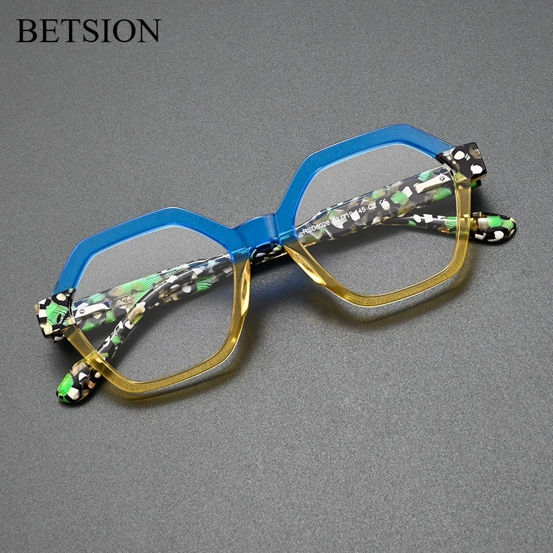 BETSION Vintage Plate Geometric Acetate Eyeglasses Frame Unisex Trendy Color-blocked Stylish Spectacles Frames #8026
