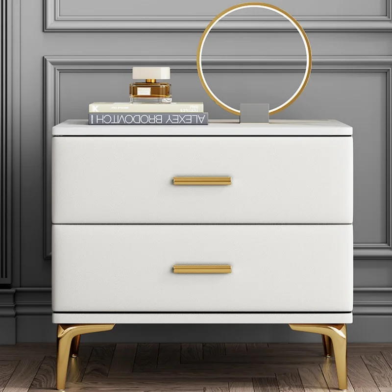 

Прикроватная тумбочка из цельного дерева в современном стиле с 2 ящиками, кожаные тумбочки для спальни с мини-шкафом для хранения, столешница из спеченного камня