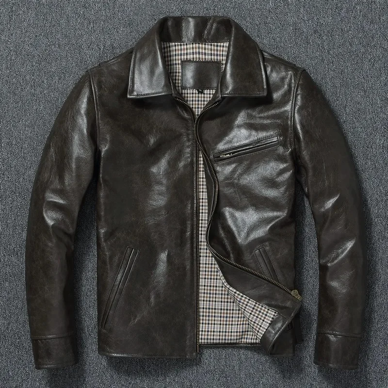 

New 2024 Spring Autumn Genuine Leather Top Layer Cowhide Jacket Men Slim Fit Oil Wax Cow Coat