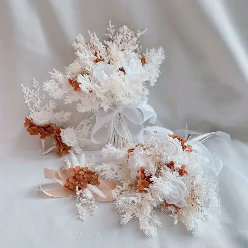 White Natural Dried Flowers Bridal Bouquet Pampas Bridesmaid Bouquet Home Decorative Artificial Flower Arch Wedding Arrangement