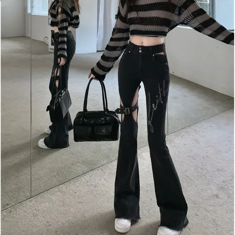 Fashion Hollow High Waist Jeans for Women Spring Summer 2023 Sexy Slim Flare Pants Casual Streetwear Print Black Ripped Jeans