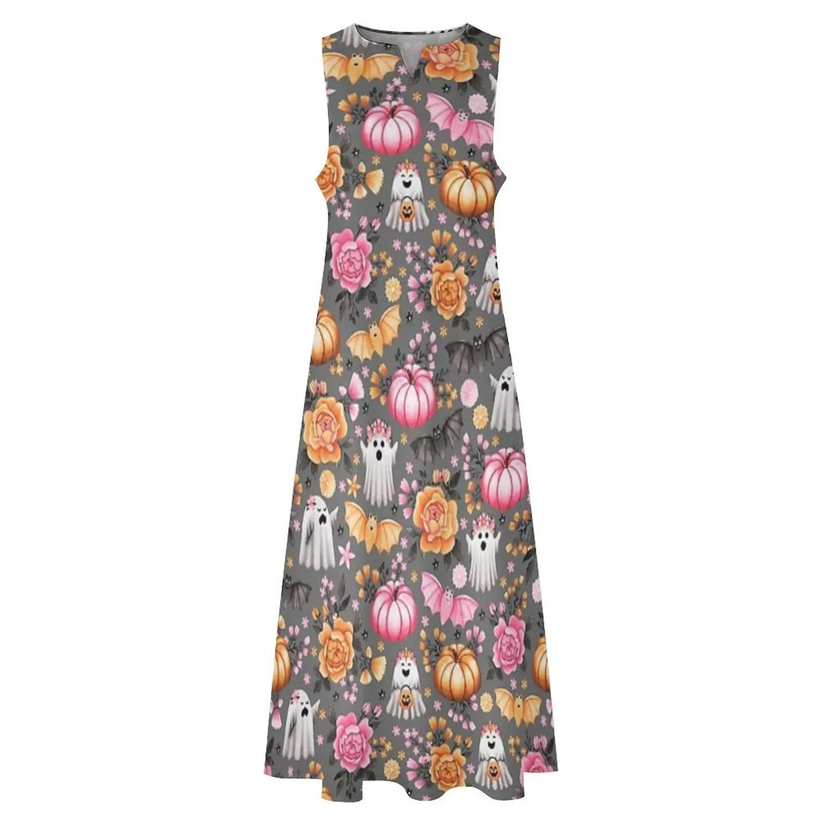 Halloween florais com abóboras, morcegos e fantasmas em cinza - vestido longo de Halloween pastel vestidos de aniversário para mulheres moda feminina