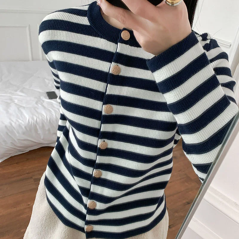 2024 Spring New Women's Navy Stripe Relief Metal Button Cardigan Versatile Long sleeved Small Cardigan