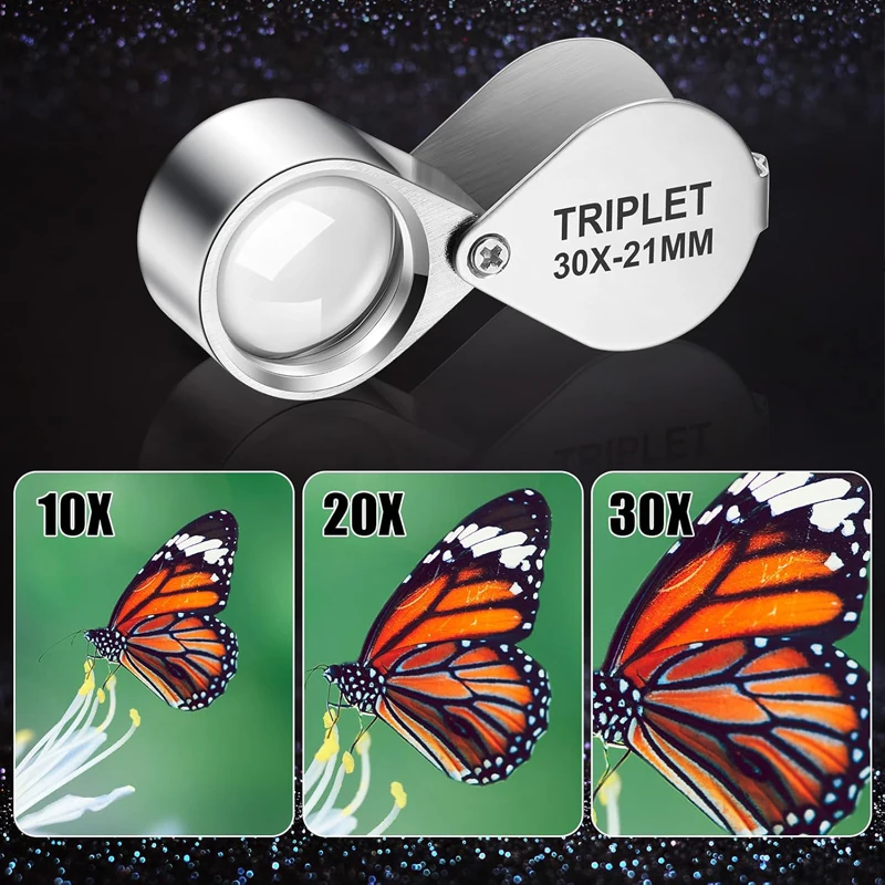 30X Pocket Loupe Magnifier Jewelry Magnifying Glass Foldable Diamond Lupa Triplet Jewelers Eye Metal Tools For Coins Gems Stamps