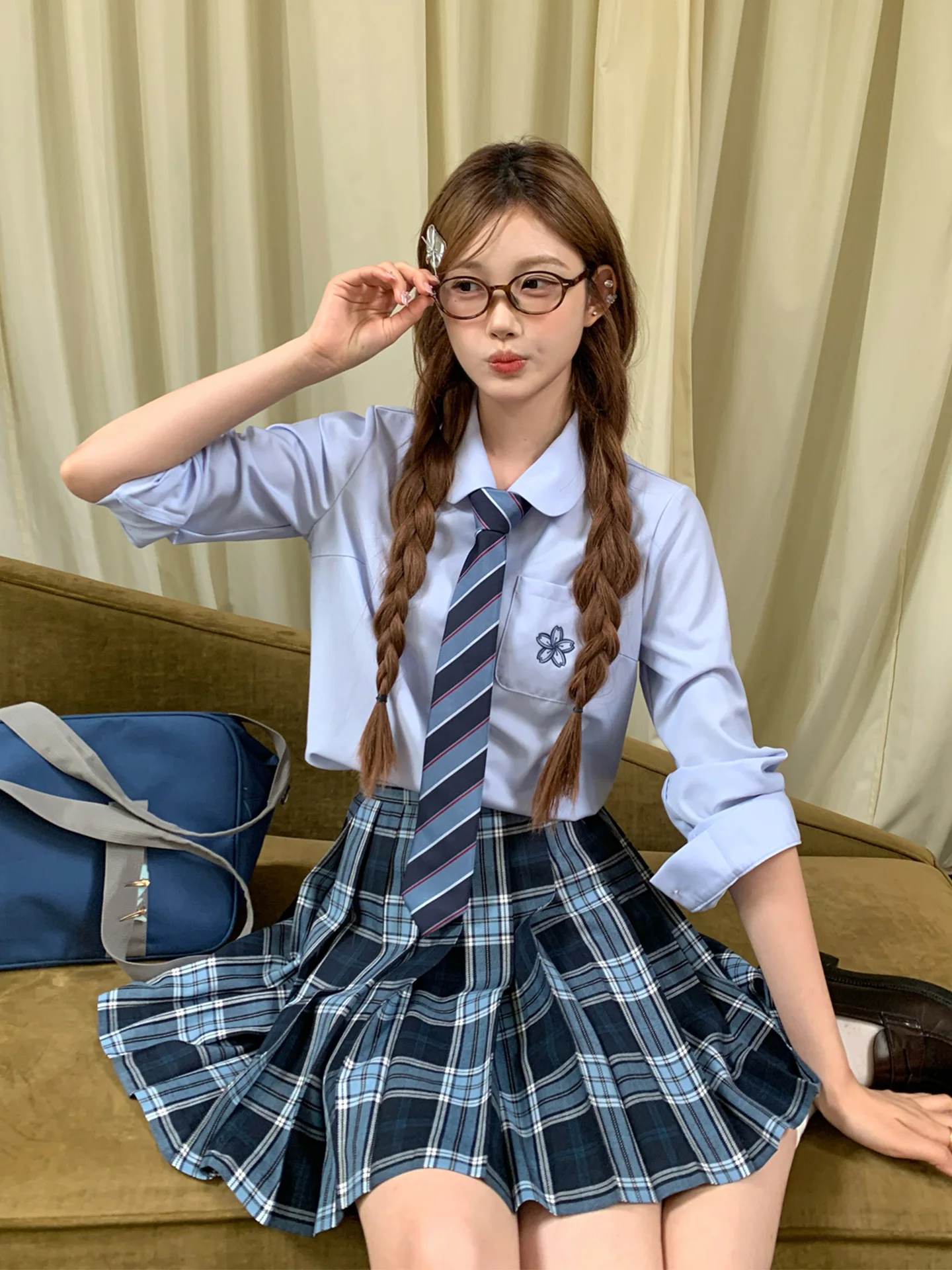 

Tokyo Annual Record JK Blue Long Sve Embroidered irt ket Pure Color Women's College Sle Button up Slim Fit Polyeste...