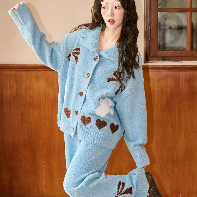 

The 2026 Autumn/winter New Korean-style Lapel Half-fleece Pajamas Home Wear for Women Printed Single-breasted Loose Warm Sets