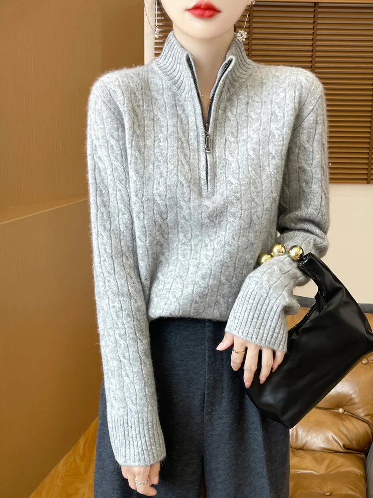 100% Merino Wool Women's Stand Up Collar Pullover Half Zipper Autumn Winter Thick Casual Fashion Knitted Cashmere Sweater