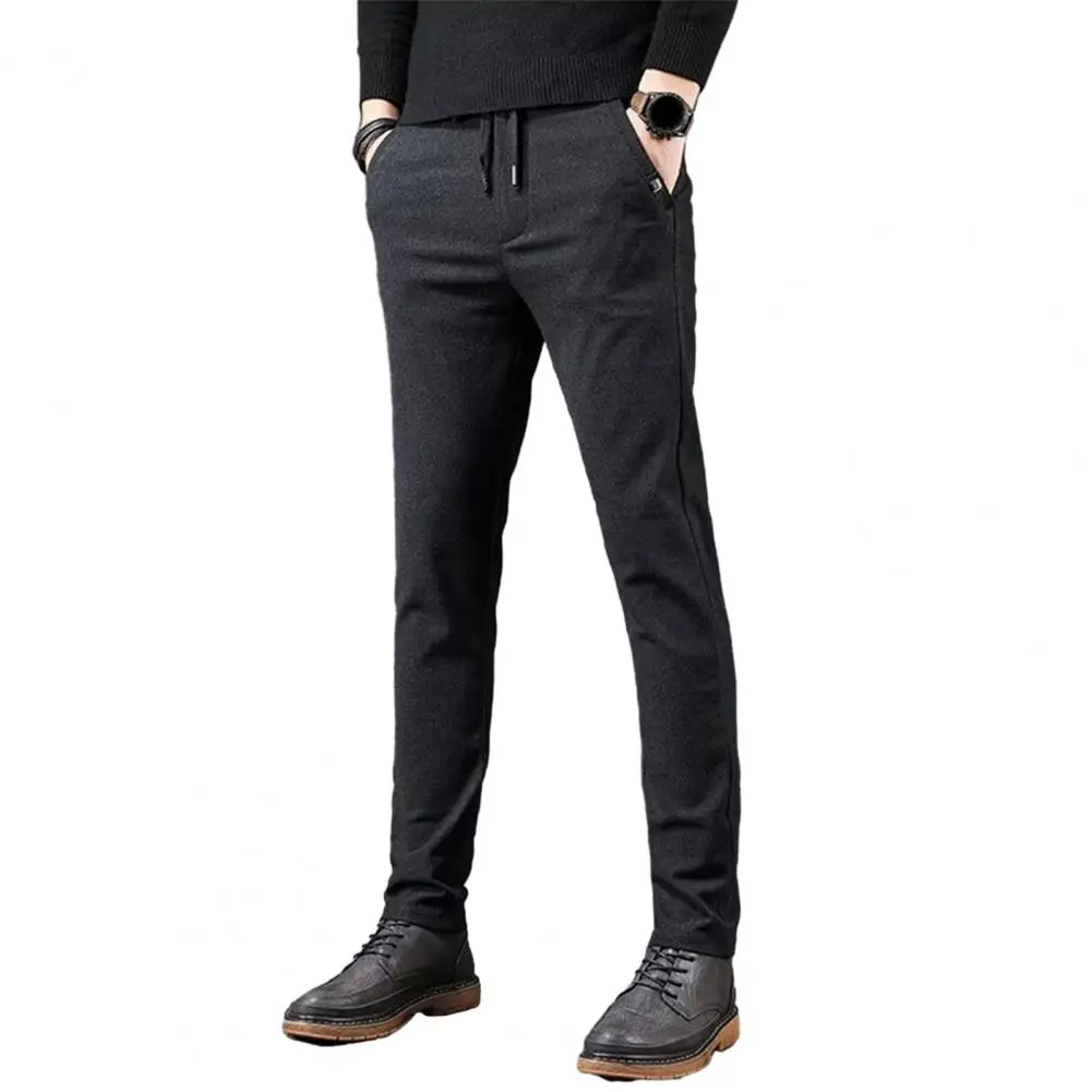 Men Pants Straight Drawstring Elastic Waist Slim Fit Casual Trousers Soft Formal Business Style Mid-aged Men Long Trousers