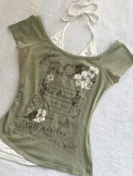 Verão falso duas peças halter bandagem vintage camisetas y2k estética magro colheita topos feminino grunge impressão harajuku casual sexy camiseta