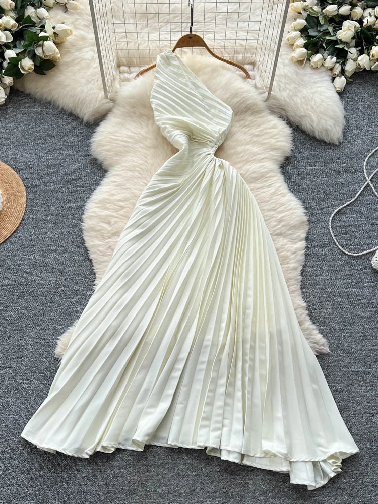 

Летнее асимметричное платье Ele с асимметричным подолом, модное, с косым воротником, вырезами, длинная юбка в корейском стиле для повседневной носки