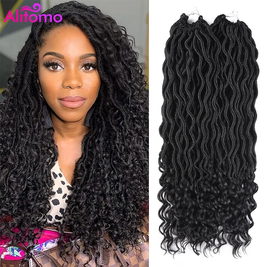 

Alitomo Curly Faux Locs Crochet Hair Synthetic Goddess Locs Crochet Braids Wave Ends 20Inch Pre-looped Braiding Hair Extensions