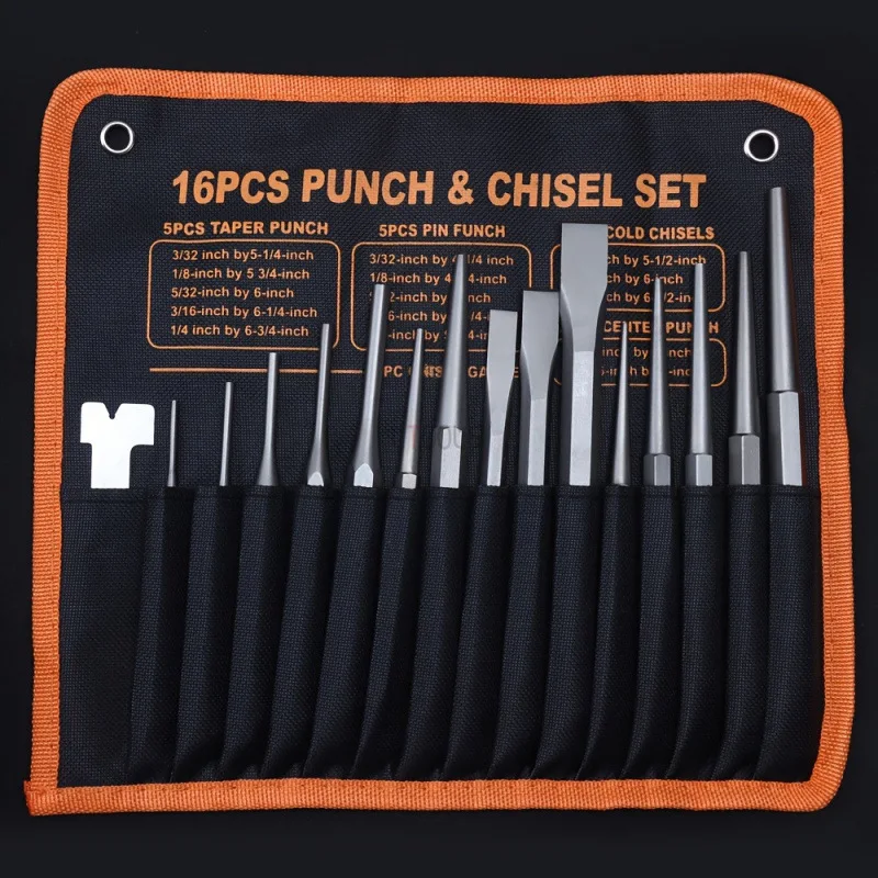 16pcs Punch and Chisel Set Taper Punch Pin Punch Cold Chisel Gauge CR-V Chisel Bits Portable Hexagonal Shank Fitter Tool Kit