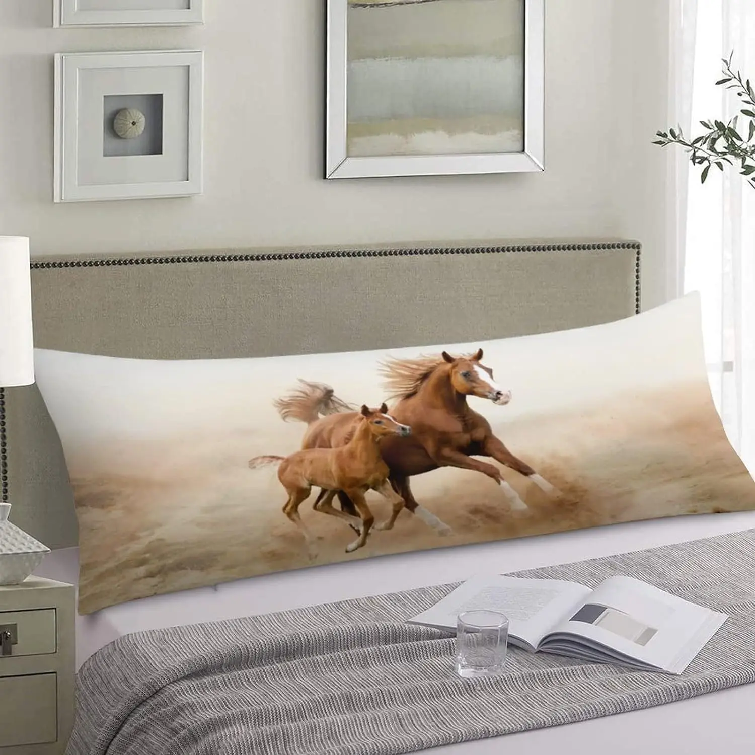 Running Horse in Desert Sand Storm Body Pillow Cover Decorative Soft Bedding Pillow Case Zipper Closure Farmhouse Striped Design