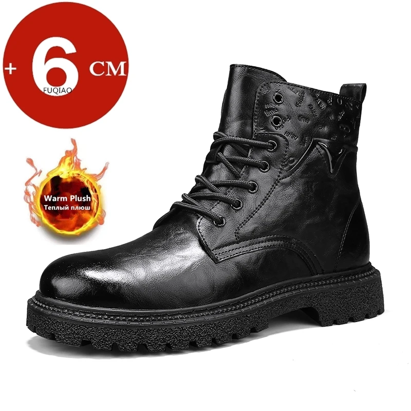 Genuine Leather Handmade Men Boots High Top Elevator Shoes Motorcycle Boots Lift Ankle Boots Winter Warm Height Increase Boots