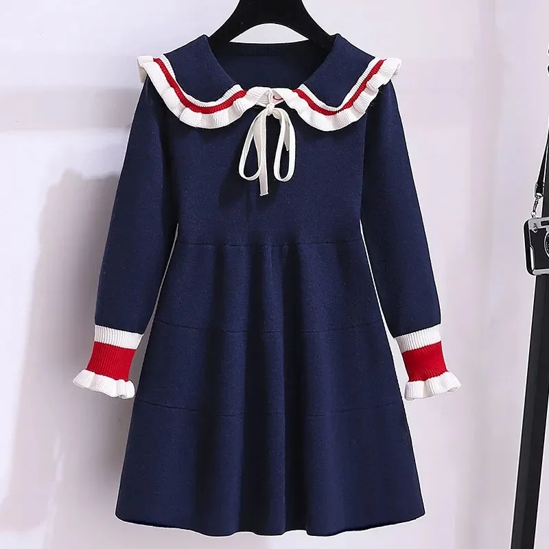 2024 Autumn winter Teenagers Girls Kids Knit Sweater Dresses Princess clothes JK sailor western bowtie 4 5 6 7 8 9 10 11 year