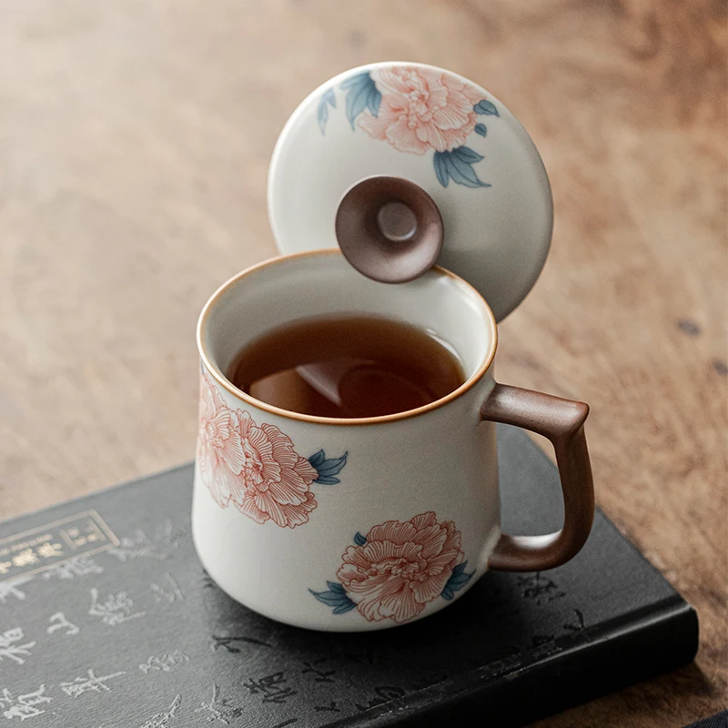 

Chinese Style Ceramic Hand Drawn Flower Patterns Tea Mugs, Home Personal Creative With Cover, Milk Water Coffee Cup, 330 ml, 1Pc