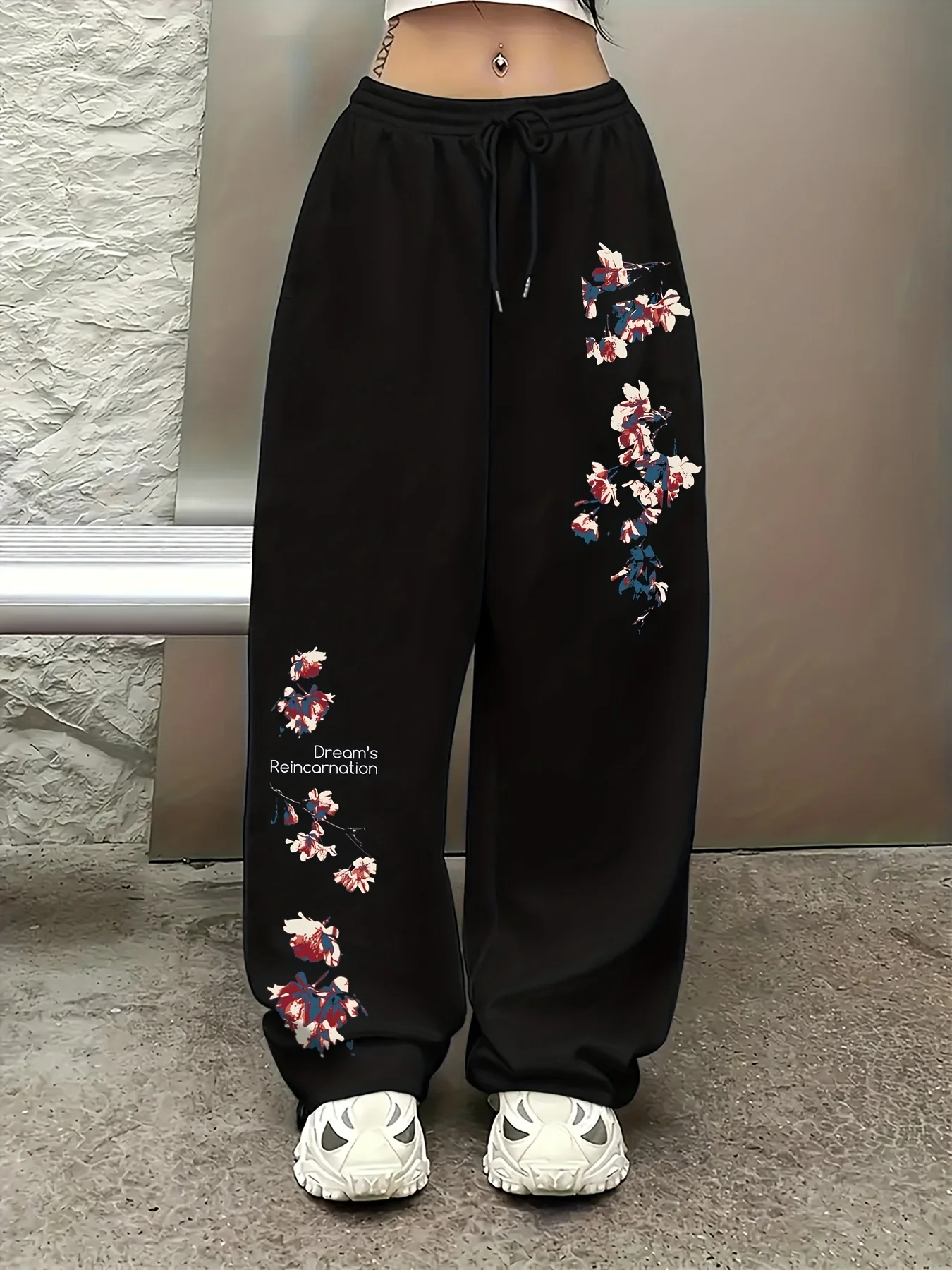 Y2K Baggy Sweatpants Cherry Blossom Floral Print Drawstring Wide Leg Pants Harajuku Streetwear Casual Trousers