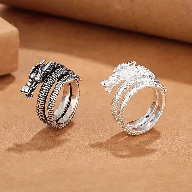 HX Silver Color Ethnic Style Coiled Dragon Ring for Men and Women Luxury Quality Jewelry Personalized Opening Rings Man Retro