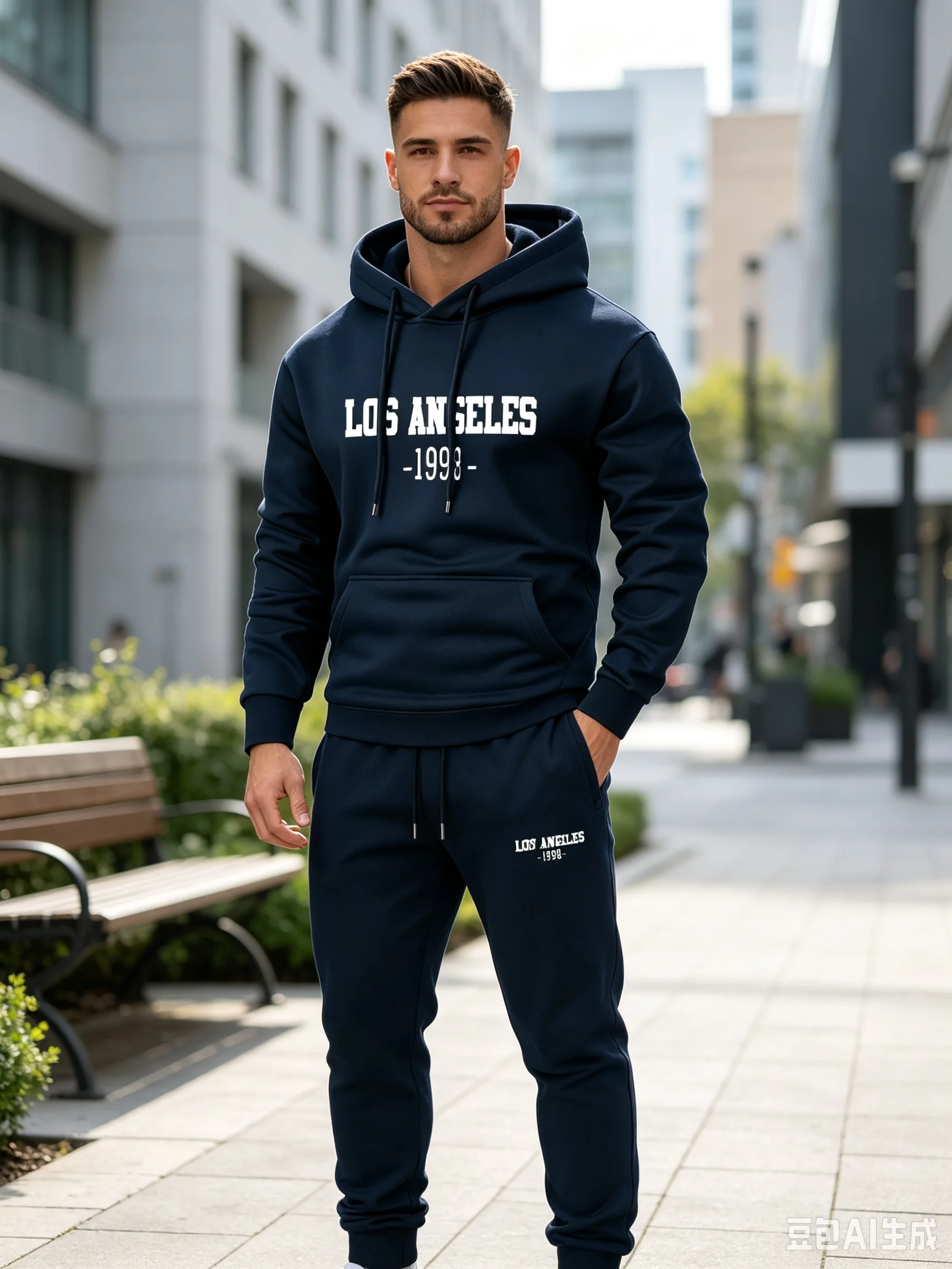 Men's Long-Sleeve Printed Hooded Sweatshirt Two-Piece Sports Set, Casual Fashionable Trendy Suit Set with Sweatshirt