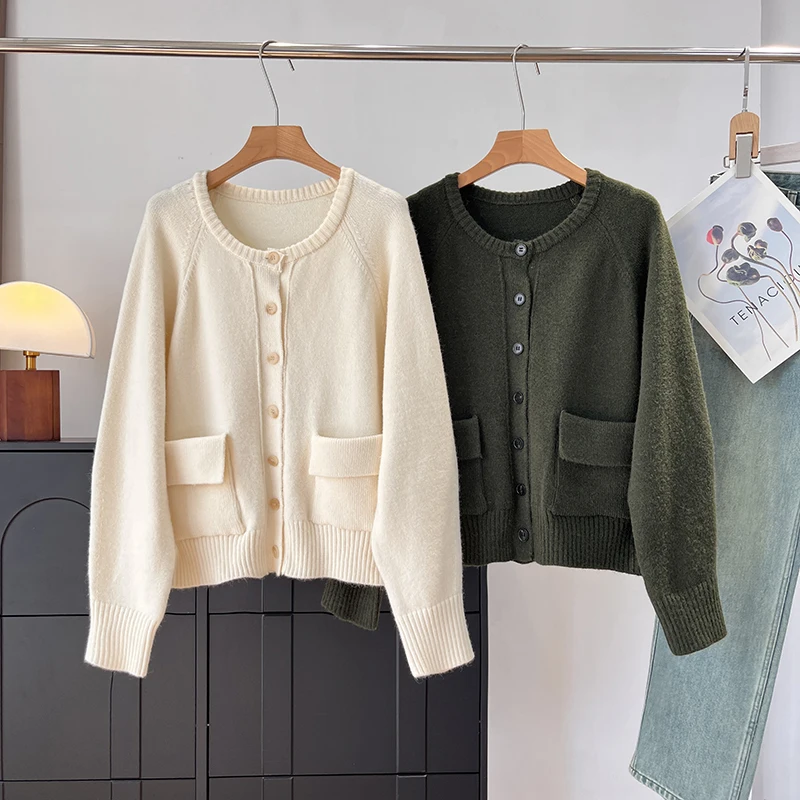 

Nordic C!1300! Утепленный вязаный свитер с боковыми карманами, круглым вырезом и рукавами до плеч, женский повседневный зимний кардиган