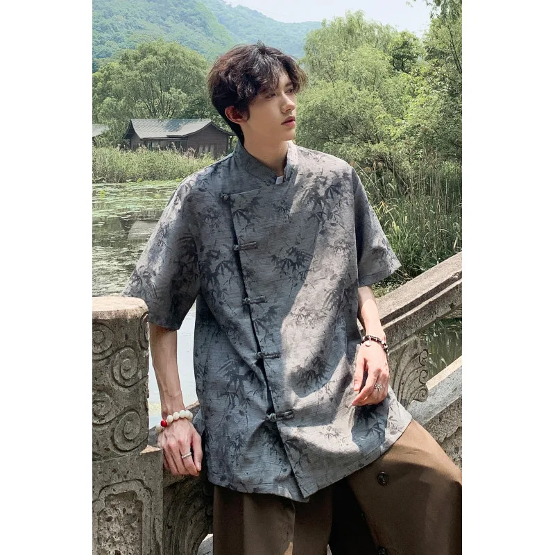 M-5XL Plus Size Men\'s Kung Fu Shirt Chinese Type Traditional Tang Suit Tai Chi Blouse Short Sleeve Shirts Summer Streetwear Top