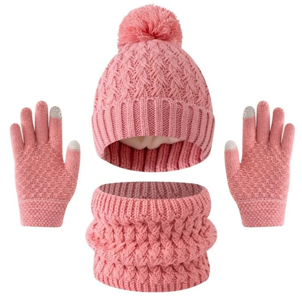 Infant Accessories Solid Color Baby Hat Scarf Gloves Set Pompom Warm Ears Toddler Knitted Hat Thickened Keep Warm Hat Set Girls