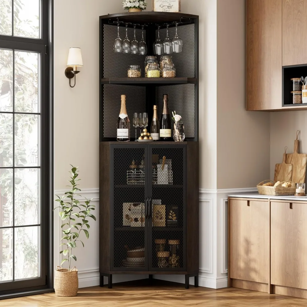 Armoire de bar d'angle haut de 67 po, porte-verre pour bar à vin industriel, étagères réglables françaises ou à 6 niveaux, présentoir d'angle