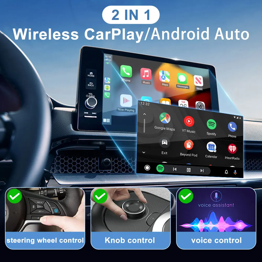 محول Carplay اللاسلكي Android Auto 2025 الصغير، التوصيل والتشغيل يناسب السيارات من 2016 وiPhone IOS 10+ وAndroid 11+، 2 في 1 - K8 MINI