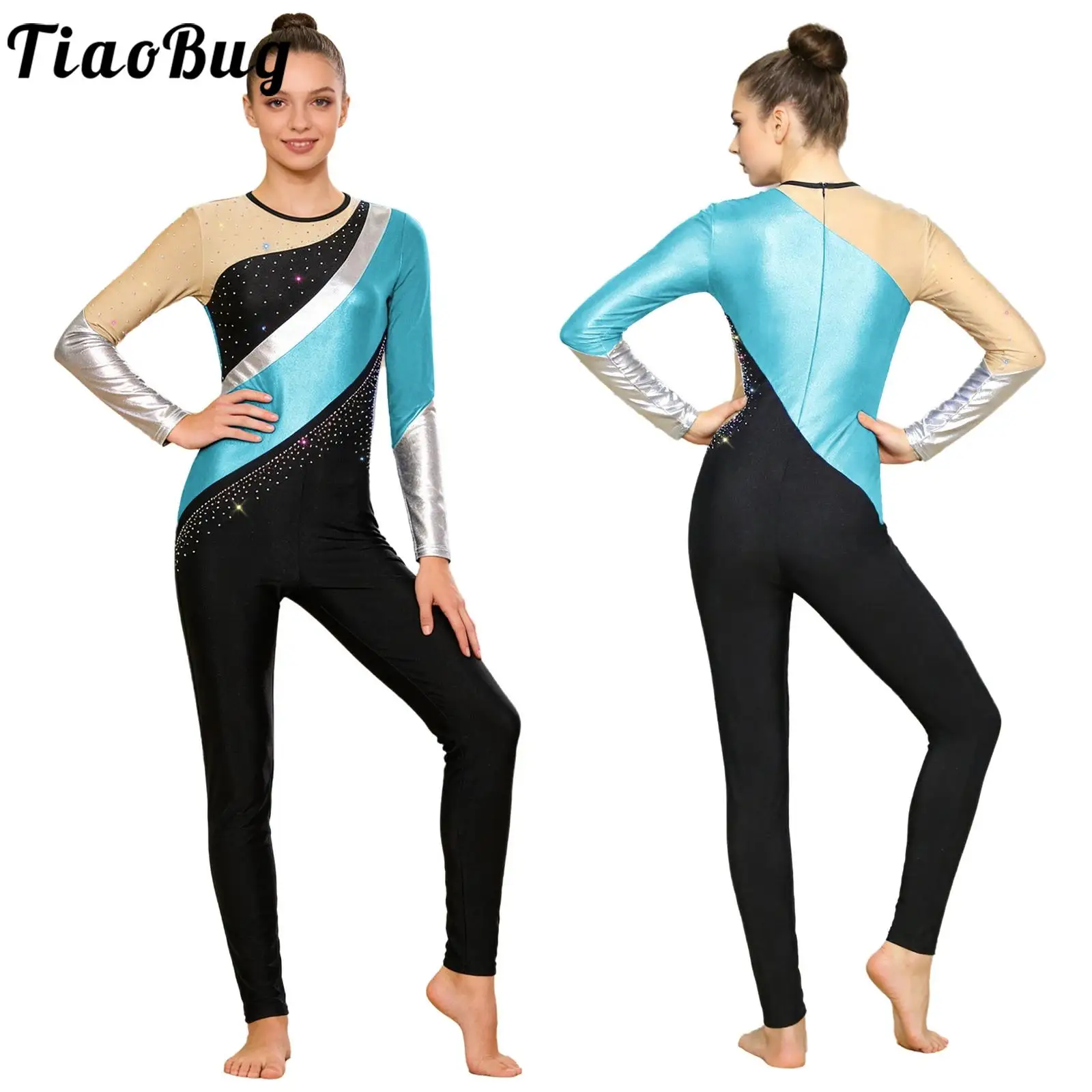 

Women Color Block Workout Gymnastics Unitard Jumpsuit Long Sleeve Rhinestones Zip Full Bodysuit Rompers for Training Performance