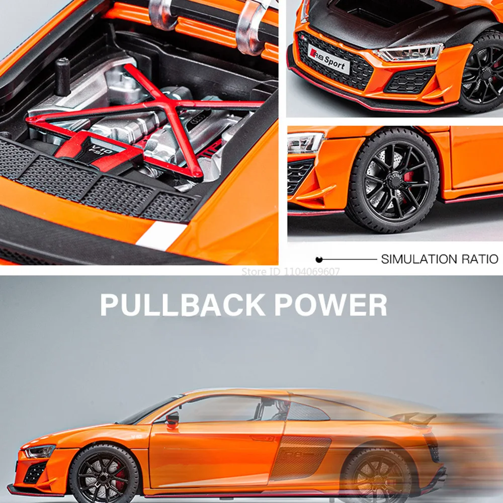 1:24 Scale R8 V10 Sports Car Toy Models Metal Diecast RS6 Police Cars Sound Light Pull Back Doors Opened Vehicle Toys Boys Gift