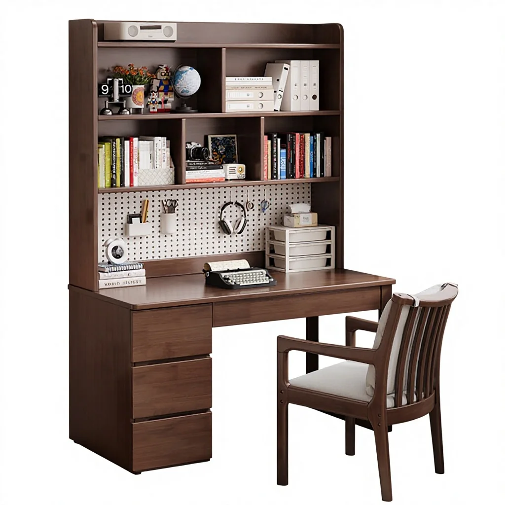 

#@Solid Wood Nordic Desk Bookshelf Combo for Home Bedroom Living Room-Student Small Apartment Pegboard Study Computer Desk