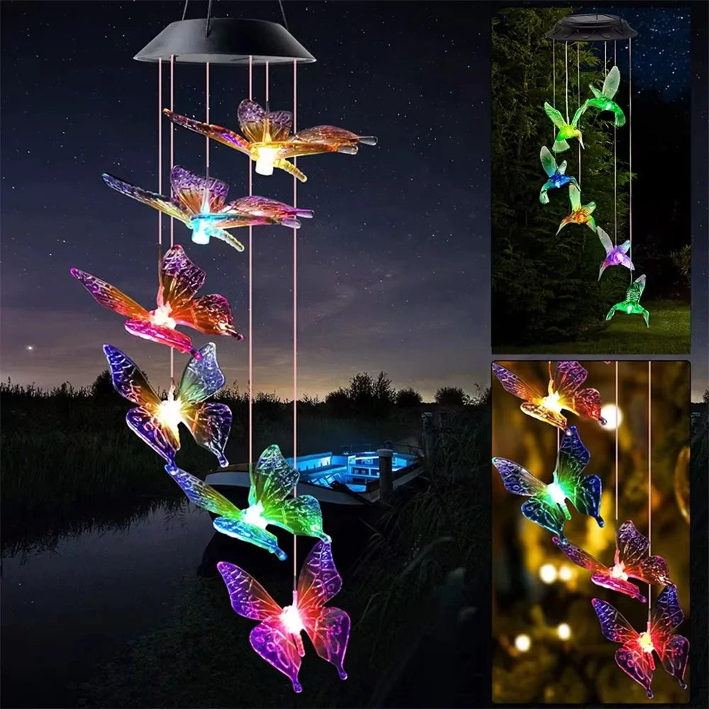 LED Solar Wind Chime Light, Borboleta Pendurada Lâmpada, Impermeável, Colorido, Jardim, Quintal, Home Decor