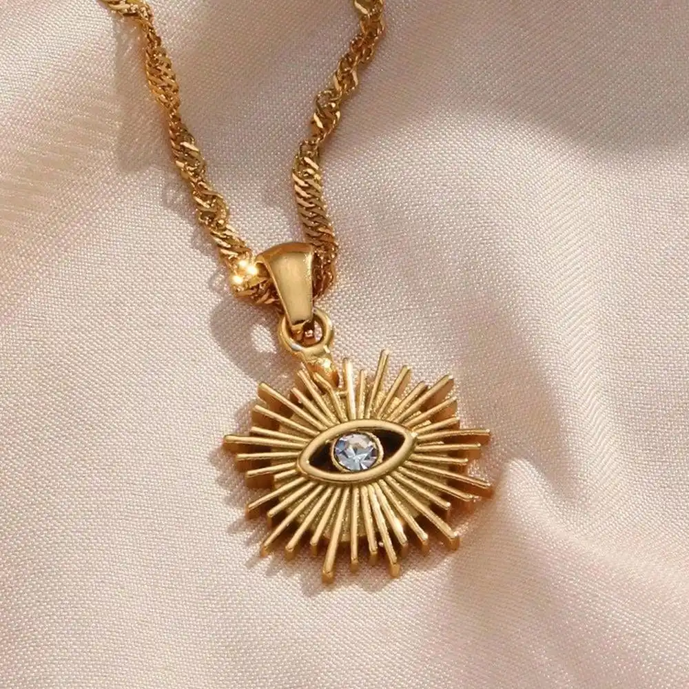 

1pc Popular Devil's Eye Pendant Jewelry Stainless Steel Water Wave Chain Hollow Radiant Diamond Eye Pendant Necklace