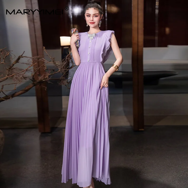 MARYYIMEI 패션 디자인 여성 드레스 민소매 Flounced Edge 레이스 접합 파티 댄스 파티 솔리드 Pleated Dresses